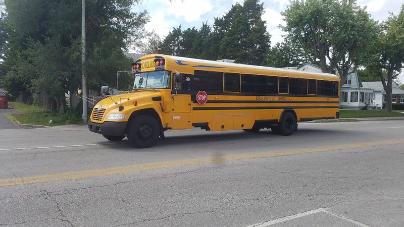 Yellow Blue Bird Vision conventional school bus on a street