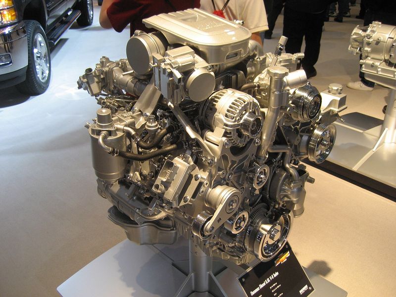 Duramax LML diesel V8 display engine on a stand